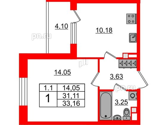 Квартира в ЖК «Парадный ансамбль», 1 комнатная, 31.11 м², 3 этаж