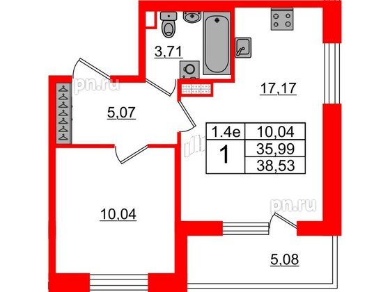 Квартира в ЖК «Парадный ансамбль», 1 комнатная, 35.99 м², 4 этаж