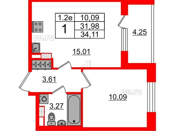 Квартира в ЖК «Парадный ансамбль», 1 комнатная, 31.98 м², 5 этаж