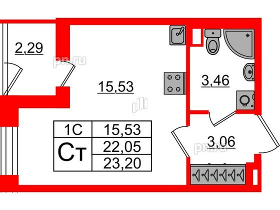 Квартира в ЖК «Парадный ансамбль», студия, 22.05 м², 1 этаж