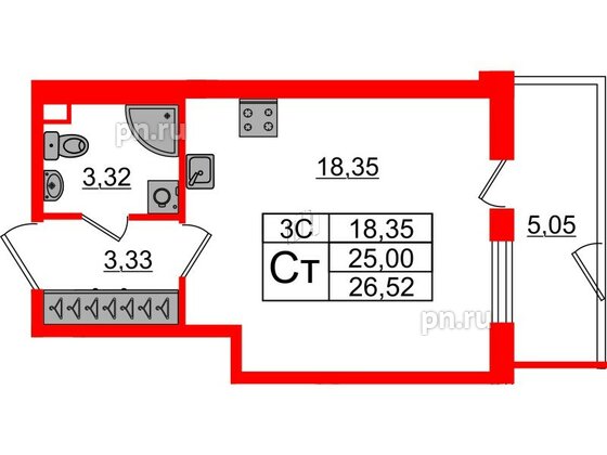 Квартира в ЖК «Парадный ансамбль», студия, 25 м², 1 этаж