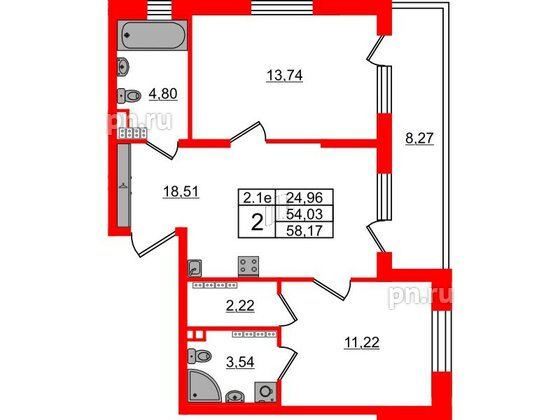 Квартира в ЖК «Парадный ансамбль», 2 комнатная, 54.03 м², 5 этаж