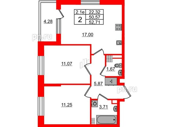 Квартира в ЖК «Парадный ансамбль», 2 комнатная, 50.57 м², 4 этаж