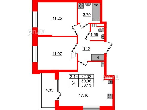 Квартира в ЖК 'Парадный ансамбль', 2 комнатная, 50.96 м², 4 этаж