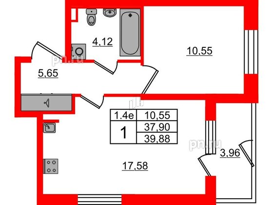 Квартира в ЖК 'Парадный ансамбль', 1 комнатная, 37.9 м², 1 этаж