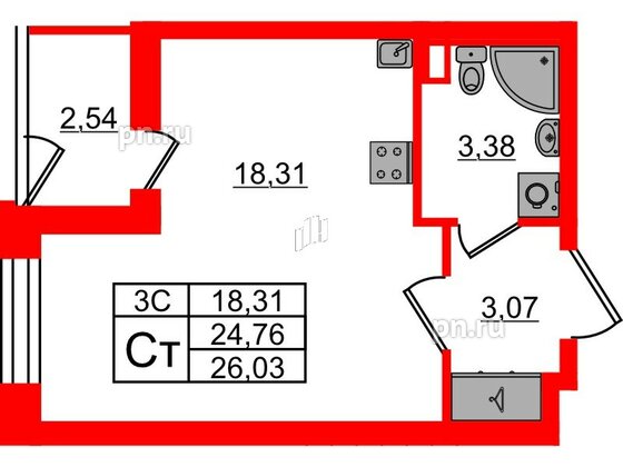 Квартира в ЖК «Парадный ансамбль», студия, 24.76 м², 1 этаж