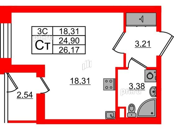 Квартира в ЖК «Парадный ансамбль», студия, 24.9 м², 1 этаж