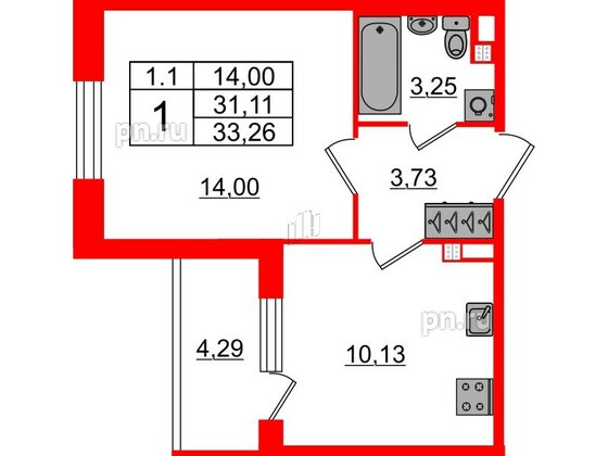 Квартира в ЖК «Парадный ансамбль», 1 комнатная, 31.11 м², 3 этаж