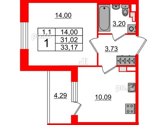 Квартира в ЖК «Парадный ансамбль», 1 комнатная, 31.02 м², 4 этаж