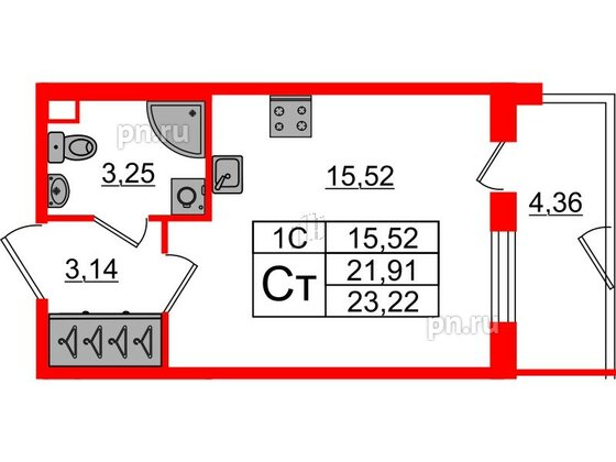 Квартира в ЖК «Парадный ансамбль», студия, 21.91 м², 1 этаж