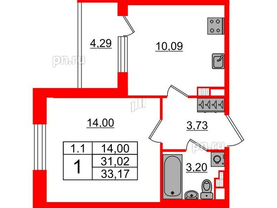 Квартира в ЖК «Парадный ансамбль», 1 комнатная, 31.02 м², 4 этаж