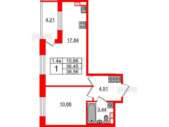 Квартира в ЖК «Парадный ансамбль», 1 комнатная, 36.45 м², 5 этаж