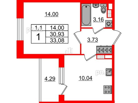 Квартира в ЖК «Парадный ансамбль», 1 комнатная, 30.93 м², 5 этаж