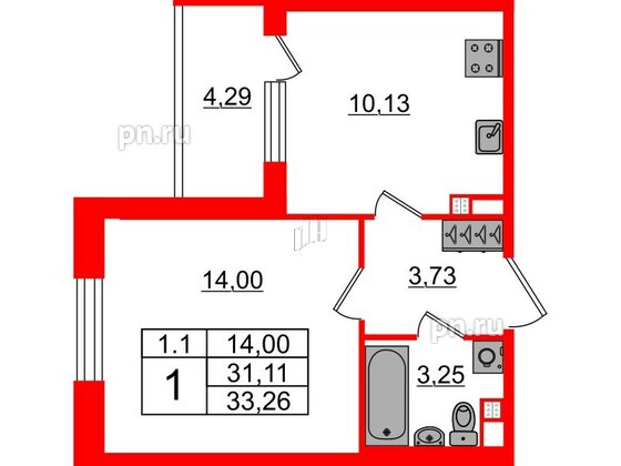 Квартира в ЖК «Парадный ансамбль», 1 комнатная, 31.11 м², 3 этаж