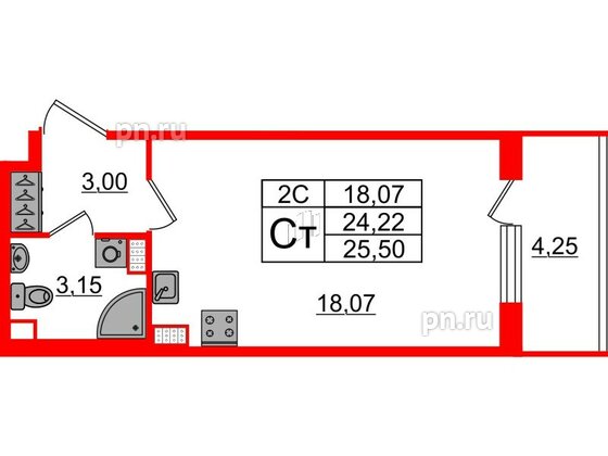 Квартира в ЖК «Парадный ансамбль», студия, 24.22 м², 5 этаж