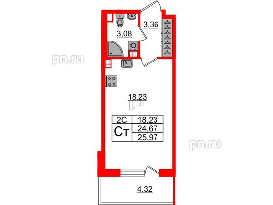 Квартира в ЖК «Парадный ансамбль», студия, 24.67 м², 4 этаж