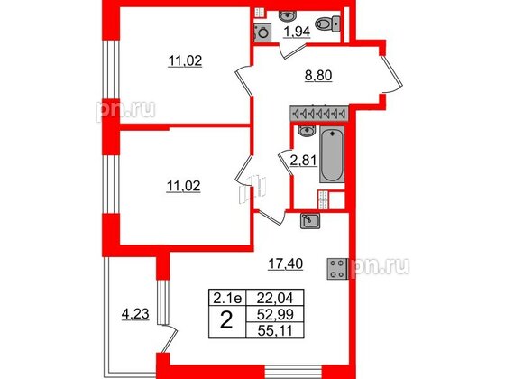 Квартира в ЖК «Парадный ансамбль», 2 комнатная, 52.99 м², 3 этаж