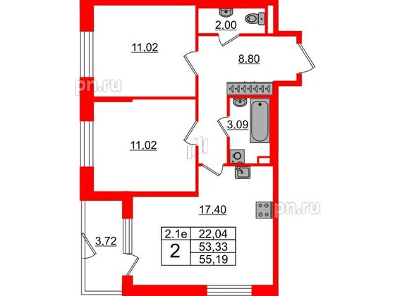 Квартира в ЖК «Парадный ансамбль», 2 комнатная, 53.33 м², 1 этаж