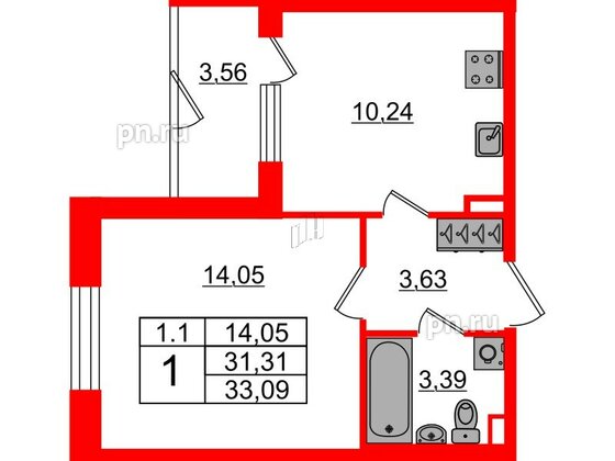 Квартира в ЖК «Парадный ансамбль», 1 комнатная, 31.31 м², 1 этаж