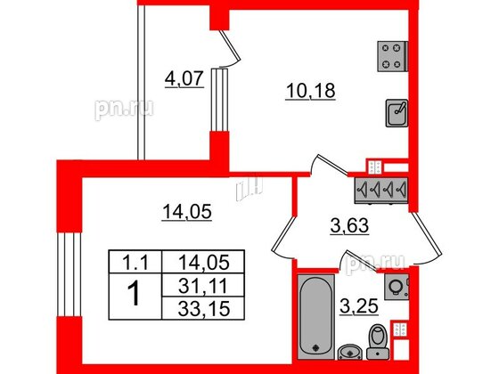 Квартира в ЖК «Парадный ансамбль», 1 комнатная, 31.11 м², 3 этаж