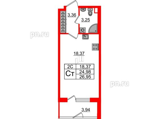 Квартира в ЖК «Парадный ансамбль», студия, 24.98 м², 1 этаж