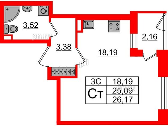 Квартира в ЖК «Парадный ансамбль», студия, 25.09 м², 1 этаж