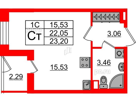 Квартира в ЖК «Парадный ансамбль», студия, 22.05 м², 1 этаж