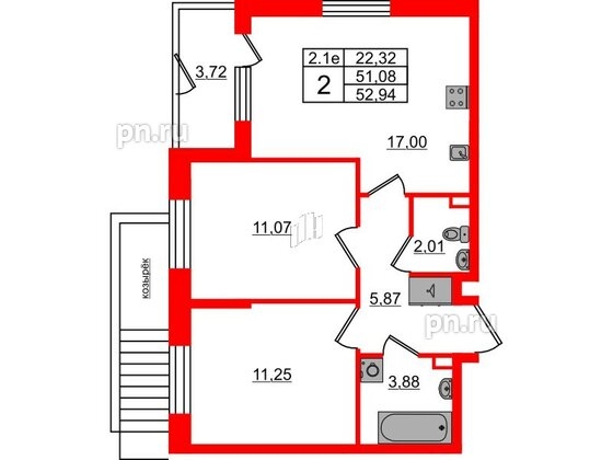 Квартира в ЖК 'Парадный ансамбль', 2 комнатная, 51.08 м², 1 этаж