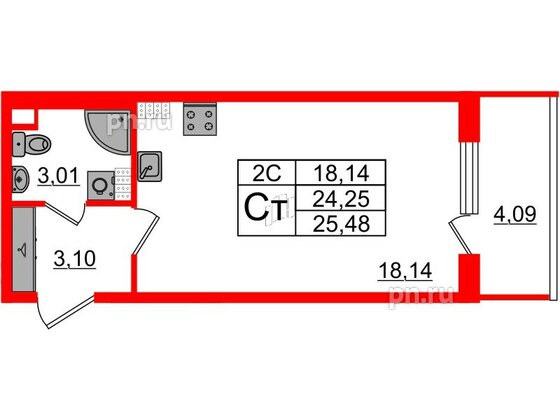 Квартира в ЖК «Парадный ансамбль», студия, 24.25 м², 5 этаж