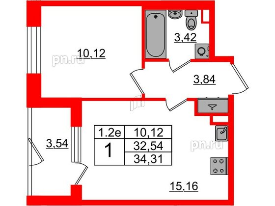 Квартира в ЖК «Парадный ансамбль», 1 комнатная, 32.54 м², 1 этаж