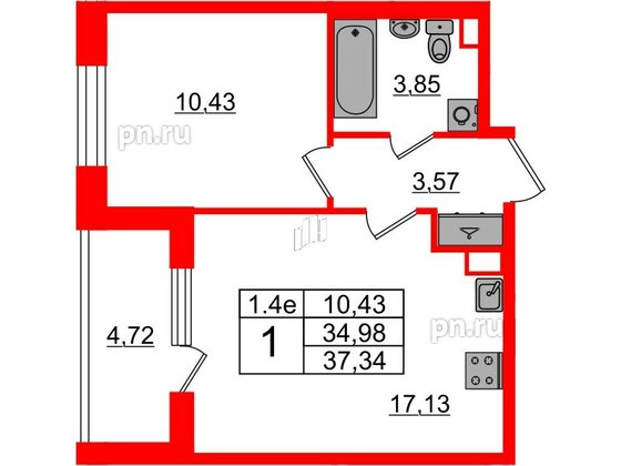 Квартира в ЖК «Парадный ансамбль», 1 комнатная, 34.98 м², 2 этаж