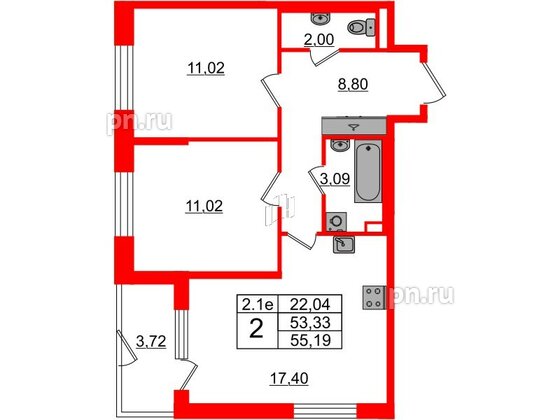 Квартира в ЖК «Парадный ансамбль», 2 комнатная, 53.33 м², 1 этаж