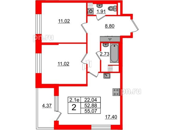 Квартира в ЖК «Парадный ансамбль», 2 комнатная, 52.88 м², 4 этаж