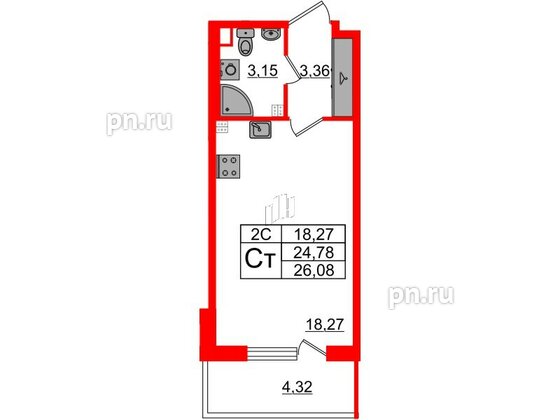 Квартира в ЖК «Парадный ансамбль», студия, 24.78 м², 3 этаж