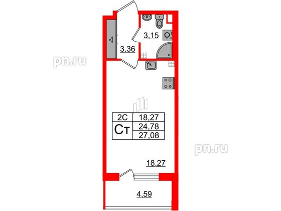 Квартира в ЖК «Парадный ансамбль», студия, 24.78 м², 3 этаж