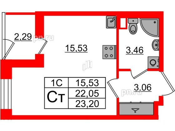 Квартира в ЖК «Парадный ансамбль», студия, 22.05 м², 1 этаж