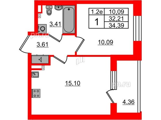 Квартира в ЖК «Парадный ансамбль», 1 комнатная, 32.21 м², 2 этаж