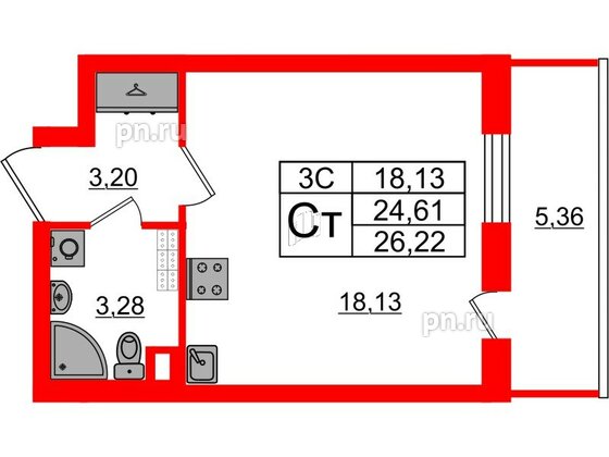 Квартира в ЖК «Парадный ансамбль», студия, 24.61 м², 4 этаж