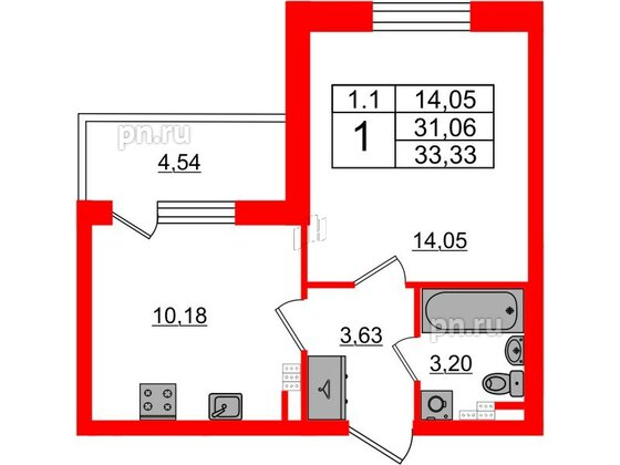 Квартира в ЖК 'Парадный ансамбль', 1 комнатная, 31.06 м², 4 этаж