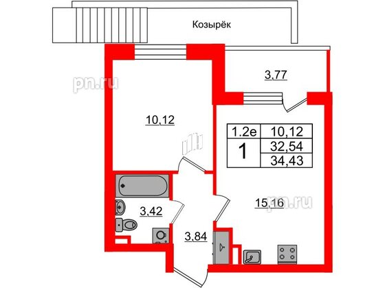 Квартира в ЖК «Парадный ансамбль», 1 комнатная, 32.54 м², 1 этаж