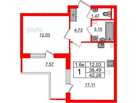 Квартира в ЖК 'Парадный ансамбль', 1 комнатная, 38.49 м², 4 этаж