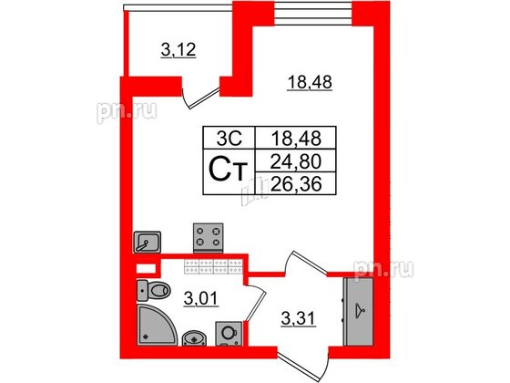 Квартира в ЖК «Парадный ансамбль», студия, 24.8 м², 5 этаж