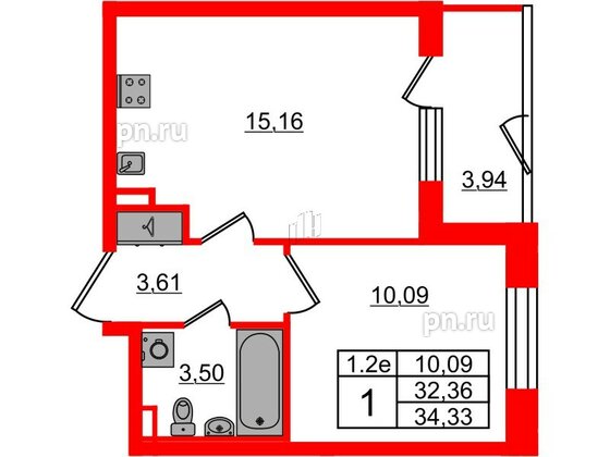 Квартира в ЖК 'Парадный ансамбль', 1 комнатная, 32.36 м², 1 этаж