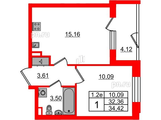 Квартира в ЖК «Парадный ансамбль», 1 комнатная, 32.36 м², 1 этаж