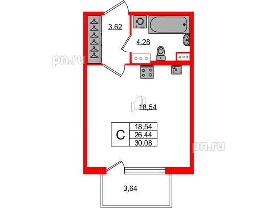 Квартира в ЖК Югтаун, студия, 26.44 м², 2 этаж