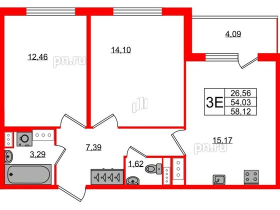 Квартира в ЖК Югтаун, 2 комнатная, 54.03 м², 2 этаж