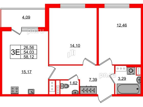 Квартира в ЖК Югтаун, 2 комнатная, 54.03 м², 4 этаж