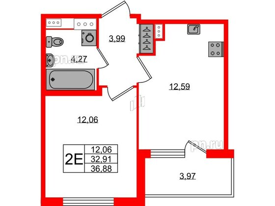 Квартира в ЖК Югтаун, 1 комнатная, 32.91 м², 2 этаж