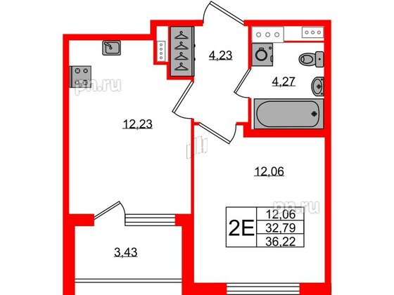 Квартира в ЖК Югтаун, 1 комнатная, 32.79 м², 3 этаж