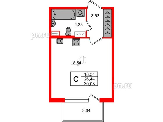 Квартира в ЖК Югтаун, студия, 26.44 м², 2 этаж